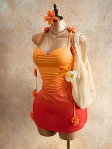 Mistrie 女士3D立体渐变花卉吊带连衣裙 - 亮橙色 - 查看 6