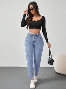 SHEIN Tall Women's Button Waist Design Pocket Tapered Jeans, Tall Back-To-School Light Blue Summer Casual - Light Wash - View 3