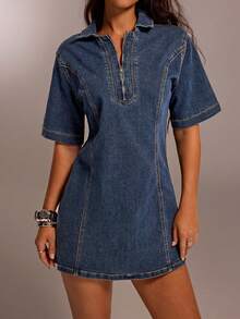 Forever 21 春季新款 V 领深色洗水 H 型高街女式牛仔连衣裙 - 深色水洗藍 - 查看 4