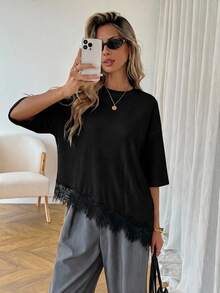 SHEIN LUNE Áo thun nữ chất liệu cotton trơn màu, có họa tiết, vạt áo bất đối xứng, phối ren, kiểu dáng thường ngày, dễ phối đồ, phù hợp cho mùa xuân/hè, đi nghỉ mát, đi biển và các dịp khác. - màu đen - Xem 8