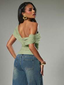 SHEIN Haute Women's Sexy Casual Solid Color Asymmetrical One Shoulder Ruched Top - Mint Green - View 2