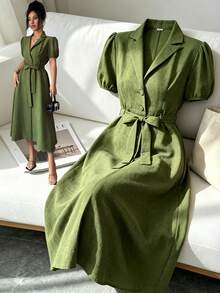 Elenzga 泡泡袖V领收腰A字裙优雅浪漫精致女士连衣裙 - 軍綠色 - 查看 1