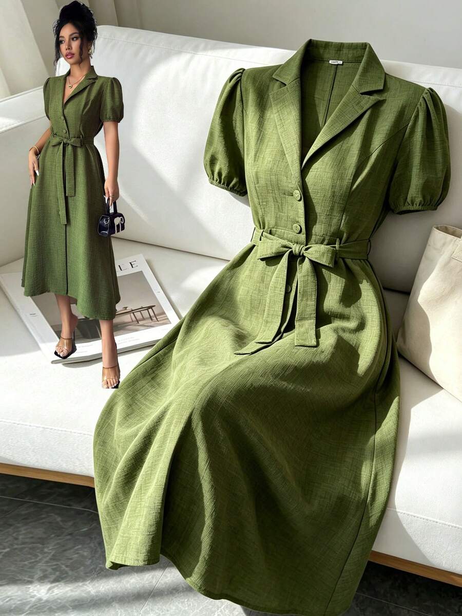 Elenzga 泡泡袖V领收腰A字裙优雅浪漫精致女士连衣裙 - 軍綠色 - 查看 1