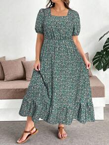 SHEIN Clasi 大尺碼女款碎花方領泡泡袖休閒洋裝 - 綠色 - 查看 5