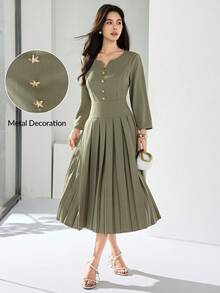 Heiryn Vestido plisado con decoración de estrella de mar elegante para uso diario, otoño - Verde - Ver 2