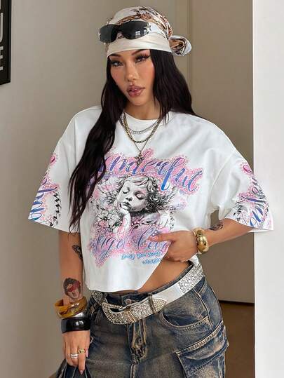 Coolane 女士夏季街头风嘻哈图案宽松T恤