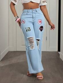 BamGleam 女士时尚口袋拉链破洞做旧牛仔裤，春夏款 - 淺色水洗藍 - 查看 5