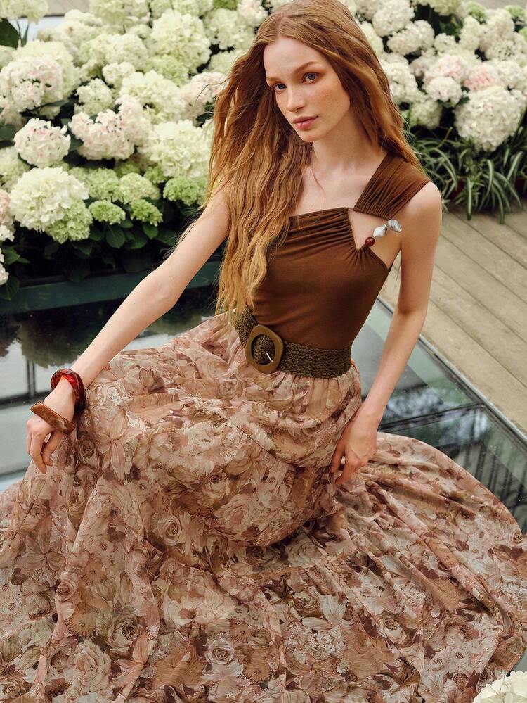 VINTAGE FLORAL PRINT RUFFLE HEM SKIRT