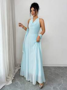 SHEIN Elenzya 女士优雅飘逸垂褶领A字收腰无袖连衣裙，阳光黄，适合海滩度假旅行，春夏穿着 - 藍色 - 查看 3