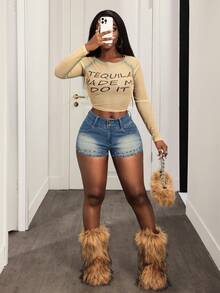 Slaydiva Quần short denim ôm sát, đính đinh tán, thời trang mùa hè dành cho nữ. - Rửa trung bình - Xem 5