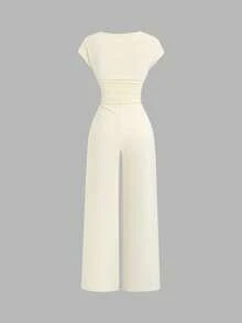 Sweetra 新款棕色优雅通勤时尚短袖连体裤，女款，高领收腰设计 - 淡黃色 - 查看 2