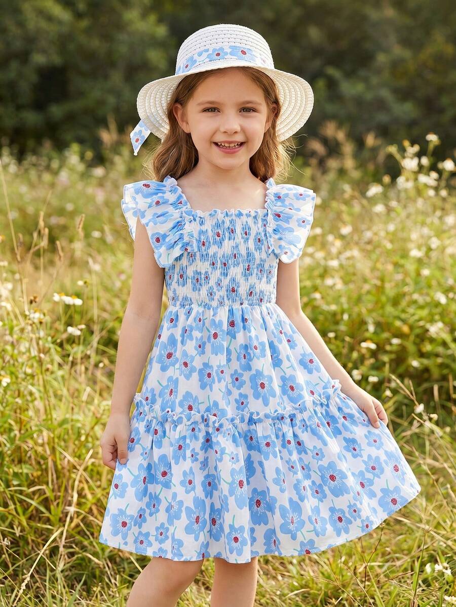 Elladie kids 墨西哥儿童节夏季换季少女彩色碎花修身中长连衣裙 - 藍白色 - 查看 1