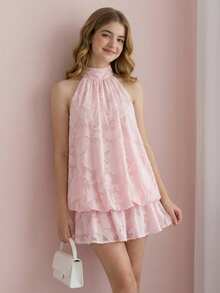 SHEIN Pitira Đầm mini ren hoa nhí màu hồng, dây mảnh, hở lưng dành cho thiếu nữ, kiểu dáng ngọt ngào, nhẹ nhàng, dáng rộng ôm sát, thích hợp cho mùa hè, tiệc tùng, sự kiện trang trọng, đám cưới, lễ tốt nghiệp, thường ngày, kỳ nghỉ biển, dịp trang trọng, họa tiết hoa, màu hồng, váy mini công sở, văn phòng, sân bay, tiệc trà chiều, lễ Phục sinh, lễ hội âm nhạc, kỳ nghỉ hè, đầm mùa hè, cô gái mùa xuân - Hồng - Xem 4
