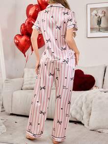 Pink Valentine's Day Bow, Heart & Letter Print Lapel Short Sleeve Pajama Set - Multicolor - View 2