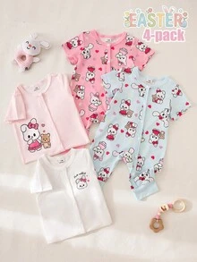 4-Piece Baby Cute Short Sleeve Jumpsuits For Summer,Pink Blue White Rabbit Bear Heart Print Sleepwear Jumpsuits For Family Matching Toddler - Multicolor - View 4