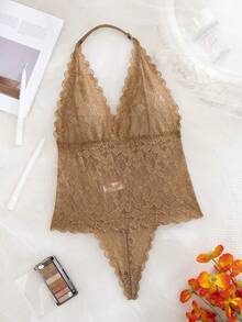 SHEIN 1 buah Bodysuit Seksi Tanpa Kawat Berenda untuk Wanita - Coklat - View 6