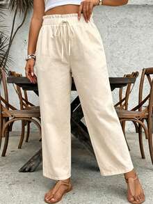 SHEIN VCAY 大码女式纯色抽绳腰休闲百搭日常裤 - 杏色 - 查看 5