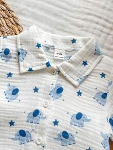 SHEIN Vintaside Kids 男婴夏季休闲度假及日常穿着大象星星印花短袖衬衫短裤套装 - 藍色 - 查看 5