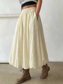 DAZY Women's Solid Color Elastic Waist Casual/Work Skirt - Beige - View 5