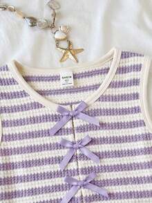 SHEIN Bộ đồ cơ bản 2 mảnh cho bé gái tuổi teen, gồm áo croptop không tay và quần short rộng, màu nâu trắng kẻ sọc, thích hợp cho kỳ nghỉ xuân/hè. - Màu tím - Xem 3