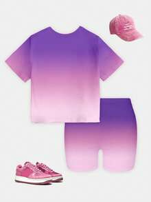 Young Girl Summer Casual Purple Gradient T-Shirt And Bike Shorts Set,Personalized Virtual Girl Group Character Slogan Graphic Print Basic 2pcs Outfit - Multicolor - View 2