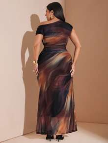 SHEIN BAE Vestido de punto largo con hombro asimétrico y teñido anudado para mujer de talla grande - Multicolor - Ver 5