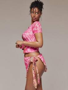 MUSERA 混色花卉动物纹网纱修身婴儿T恤和迷你裙套装，春夏伊比沙岛音乐节假日度假可爱性感Y2K夜店热带诱惑 - 彩色 - 查看 4