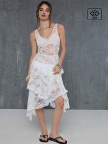 COUREZ Đầm midi ren với vạt bất đối xứng / Trang phục mùa hè Y2K cho nữ, đầm trắng, đầm không tay, trang phục đi chơi, trang phục mùa hè, đầm mùa hè, trang phục nghỉ xuân, trang phục lễ hội, trang phục đi xem hòa nhạc, trang phục mùa xuân cho nữ. - trắng - Xem 2