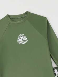 SHEIN 2pcs/Set Teen Boys' Swimwear,Olive Green Raglan Sleeve Top With Palm Tree Sunset Print And Matching Shorts,Fashionable Casual Summer Beach Holiday - Green - View 5