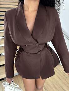 Alexandranx 缎面拼接系带女士西装外套，优雅休闲夹克 - 酒紅色 - 查看 4