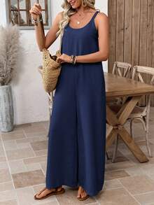 Women's Solid Color Pocketed Wide Leg Jumpsuit, Vacation Wear - Navy Blue - View 7