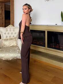 Jeta Ari Women's Simple Coffee Color Commuter Halter Top & Pants Suit,Business Commuter Suit,Office Two-Piece Set,Brown 2PCS, Solid Color Work Set - Brown - View 7