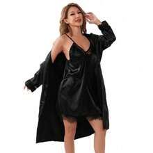 Conjunto de pijama de satén para mujer con encaje, incluye camisón de tirantes y bata, suave y elegante en color sólido - Negro - Ver 10