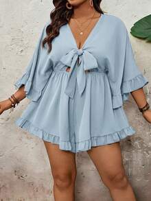 SHEIN VCAY Mono de talla grande con mangas de murciélago, dobladillo con volantes y cintura con lazo, unicolor para vacaciones - Neblina azul - Ver 3