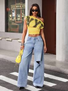 Jeanoix Quần jeans ống đứng rách nhẹ phong cách Y2K dành cho nữ. - Rửa trung bình - Xem 6