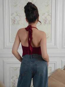 Criza Taa Áo hai dây hở lưng gợi cảm thời trang thắt nút viền xẻ tà hở lưng - Màu Đỏ Sâu - Xem 2