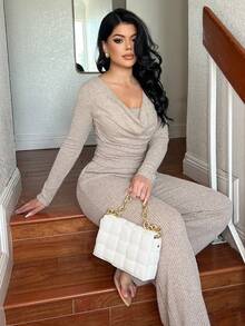 Dayanna Comas Elegantes 2-teiliges Damen Set im Vintage-Stil mit drapiertem Ausschnitt, minimalistisch und schick, figurschmeichelnder, gerader Schnitt, vielseitig einsetzbar für Lässig Beruf und Alltag, Herbst/Winter - Aprikosenfarben - Übersicht 6