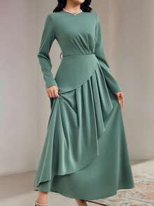 Veilorie Women's Drawstring Neck Long Sleeve Pleated Simple Long Dress, Casual Daily Wear Long Evening Dresses - Green - View 6