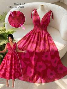 Rometta Große Größen Damen Urlaubsstil Blümchen Kleid, V-Ausschnitt ärmelloses Taille gerafft Schlank Langes Kleid, Strand Batik Blumen Maxi Kleid - Heißes Pink - Übersicht 5