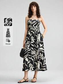 Ontre 女士黑白舒适柔软面料简约印花修身连衣裙，吊带设计，A字裙摆，侧边口袋，露背设计，波西米亚风，适合海滩、音乐节、休闲、优雅、奢华、邮轮度假、办公室、通勤等各种场合，四季皆宜 - 黑與白 - 查看 5