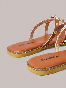 Styleloop Sandales à fond plat Nouvelle mode d'été Polyvalent Fond plat Saule Clou Chaussures pour femmes Série de vacances à la plage et de loisirs pour femmes - Tabac - Voir 4
