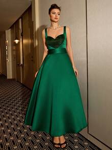 Poshira 女士优雅派对鸡尾酒礼服，心形腰部褶裥紧身胸衣 - 墨綠色 - 查看 1