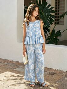 SHEIN Sparklyn Tween Girl Vacation Floral & Palm Tree Print Button Ruffle Hem Tank Top And Casual Pants Set - Baby Blue - View 8