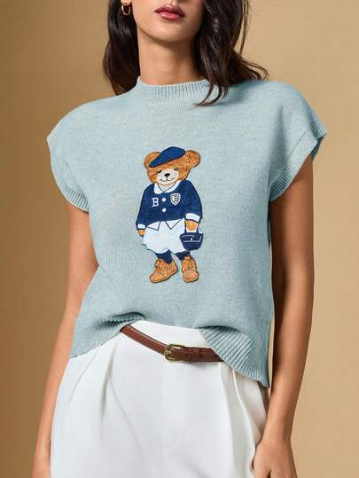 Briarwyn كنزة نسائية كاجوال بأكمام خفافيش مطرزة بالدب، صيفية