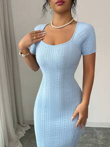 Summer Large U-Neck Short Sleeve Bodycon Maxi Sweater Dress, Sexy Cute Party Blue Dress,Holiday - Baby Blue - View 5