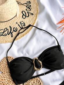 SHEIN Teen Girl Solid Color Strapless Tie Metallic Jewelry Bikini Set For Summer,Bathing Suit Set/Beach Outfit/Swim Suits Two Pieces/Bathing Teens - Black - View 3