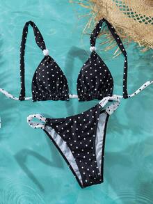 Swim Mod Bộ bikini nữ kiểu dáng dễ thương, nữ tính, gợi cảm, thích hợp cho lễ hội âm nhạc bãi biển mùa xuân/hè, họa tiết chấm bi, dây đeo dày, viền bèo nhún. - Nhiều màu - Xem 6
