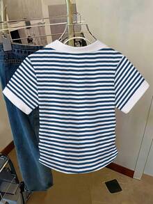 青少年女孩條紋 Polo 衫，嬰兒藍，夏季，海灘，運動，修身 T 恤，休閒白色與藍色拼接經典上衣 - 彩色 - 查看 2