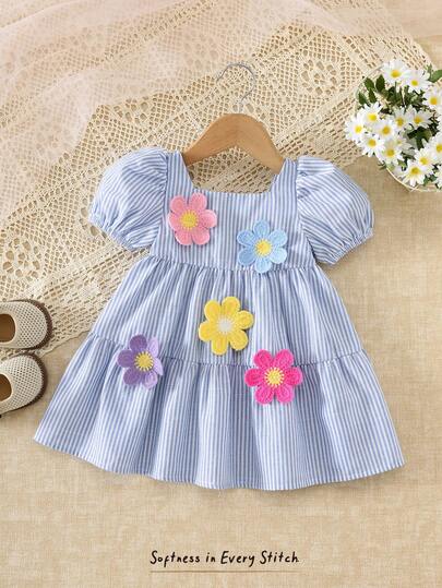 Cozy Pixies 女婴碎花圆领短袖收腰连衣裙