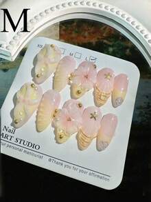 10 Pieces Medium Almond Shaped Press On Nails Handmade 3D Flower Yellow Summer Beach Theme With Shell Starfish Water Wave Bubble Design False Nail Art Set For Women Girls Daily Wear Vacation Party - Yellow - View 9